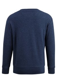 Mörkblå sweatshirt av texturerad tyg, med rund halsringning och långa ärmar. Ribbad muddar och fåll framhäver designen.