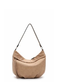 Borsa a spalla in pelle beige con una forma strutturata e morbida. Presenta una tracolla singola, dettagli plissettati e minimi accenti di metallo.