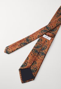 Cravate marron à motif paisley avec des accents dorés et bleu marine. Le tissu est lisse, avec un dessous bleu marine uni et un design à extrémité pointue.