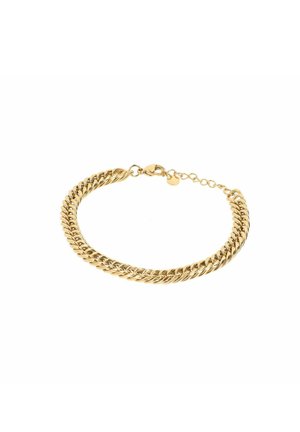 Bracelet en chaîne dorée avec des maillons entrelacés, un fermoir en forme de homard et une chaîne ajustable pour personnaliser la longueur.