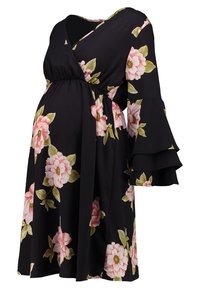Černé květinové těhotenské šaty s zavinovacím designem, zvonovými rukávy a růžovými květy se zelenými listy. Vyrobené z lehké tkaniny.