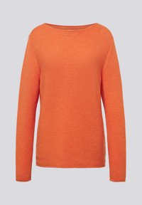 Oranger Strickpullover mit weitem Ausschnitt, langen Ärmeln und geripptem Muster. Schlichtes Design ohne sichtbare Muster oder Akzente.