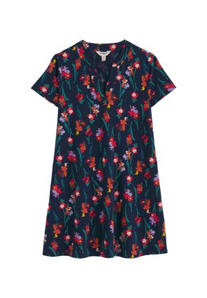 Vestido de manga corta color azul marino con un patrón floral multicolor y un cuello en V.