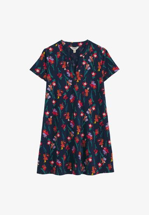 Kratka haljina tamnoplave boje s višebojnim cvjetnim uzorkom i V-izrezom na ovratniku.