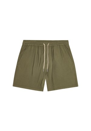 Olive green casual shorts with elastic waistband, cream drawstring, and side pockets, laid flat on white background.