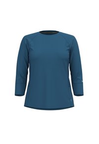 Blaues Sportshirt mit Dreiviertelärmeln, rundem Ausschnitt und Mesh-Detail an den Seiten. Glatte Textur, aus leichtem Stoff gefertigt.