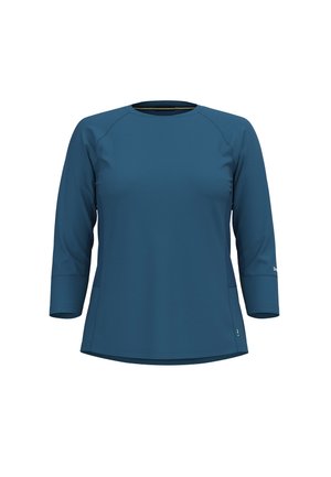 Blue athletic shirt with three-quarter length sleeves, round neckline, and mesh detailing on the sides. Smooth texture, made from lightweight fabric.