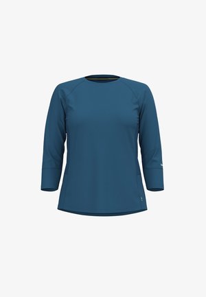 Blaues Sportshirt mit Dreiviertelärmeln, rundem Ausschnitt und Mesh-Detail an den Seiten. Glatte Textur, aus leichtem Stoff gefertigt.