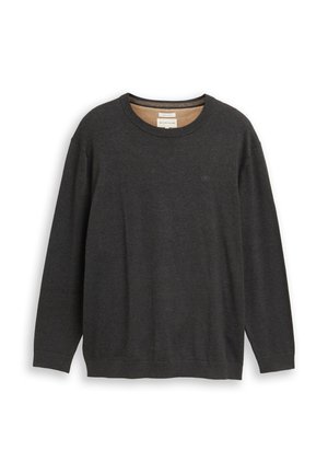 Dunkelgrauer Langarmhoodie aus weichem Stoff. Mit rundem Halsausschnitt, gerippten Bündchen und kleinem Logo auf der Brust.