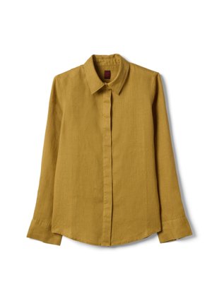 Chemise jaune moutarde à manches longues avec col classique et boutons dissimulés, présentée à plat sur un fond blanc.