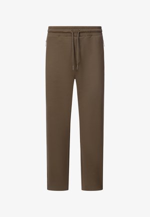 Brune, tilspidsede joggingbukser med elastisk talje og snøre, med lynlåslommer i siden.