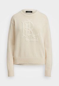 Pull crème avec un design en tricot texturé, présentant un logo « RL » en relief sur la poitrine et des poignets et un ourlet côtelés.