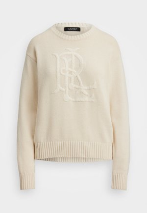 Crème-kleurige sweater met een textuur gebreid ontwerp, met een verhoogd "RL" logo op de borst en geribbelde manchetten en zoom.