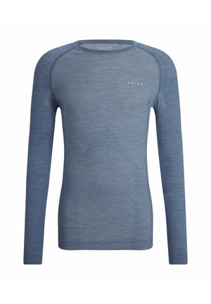 Long-sleeve blue thermal shirt with textured knit pattern and smooth areas, featuring a rounded neckline and fitted silhouette.