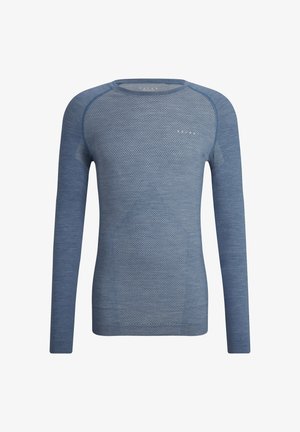 Long-sleeve blue thermal shirt with textured knit pattern and smooth areas, featuring a rounded neckline and fitted silhouette.