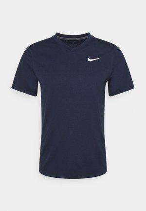Maglietta sportiva a maniche corte Nike Dri-FIT blu navy con scollo a V e logo Nike swoosh bianco sul lato sinistro del petto.