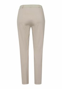Beige maßgeschneiderte Hosen mit flachem Frontschnitt, slim fit und einem weichen, mintgrünen Bund. Glattes Material mit minimaler Textur. Keine sichtbaren Taschen.