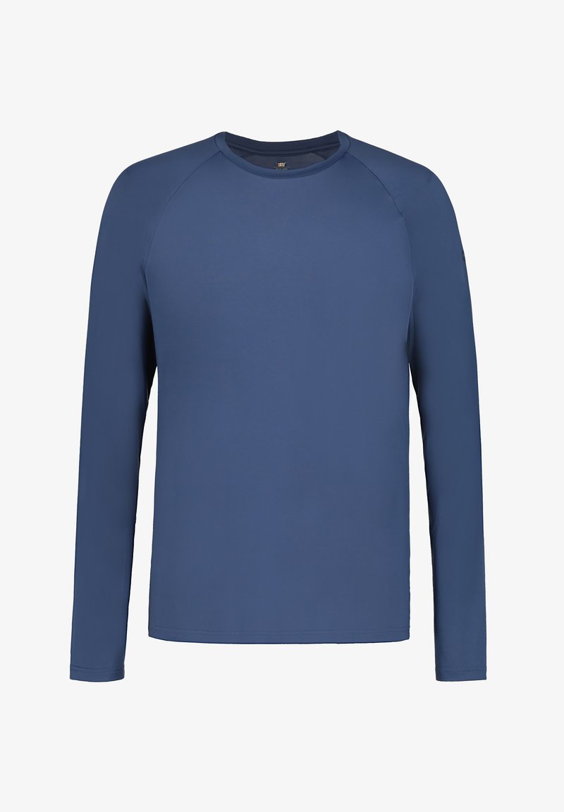 Langärmliges Shirt in Marineblau, mit rundem Halsausschnitt und Raglanärmeln. Hergestellt aus glattem, leichtem Stoff ohne sichtbare Muster.