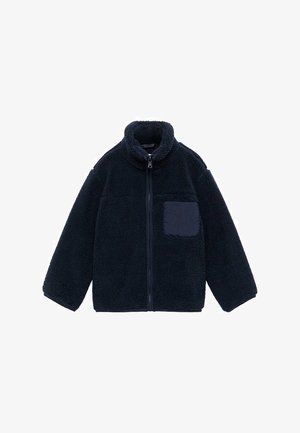 Mornarsko modra flis jakna z visokim ovratnikom, polnim zadrgo in žepom s patenty. Mehka tekstura, ohlapen kroj in dolgi rokavi.