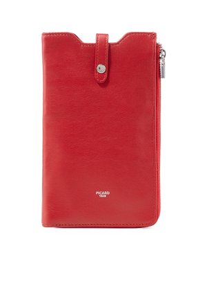 Red leather wallet with a snap button strap, zipper on the side, and "PICARD 1928" logo embossed on front bottom center.