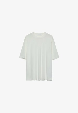 Weißes Kurzarm-T-Shirt, runder Halsausschnitt, weicher Baumwollmischstoff, lockere Passform, nahtsaum, minimalistisches Design ohne Verzierungen.