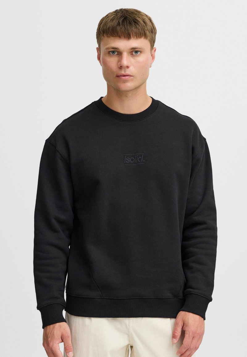 Schwarzer Sweatshirt aus Baumwollmischgewebe, mit rundem Halsausschnitt, gerippten Bündchen und einem dezent geprägten Logo auf der Brust.