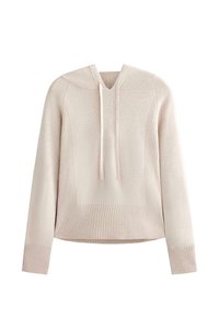 Béžový pletený sveter s kapucňou, dlhými rukávmi, rebrovanými manžetami, lemom a panelovými detailmi na bokoch a v strede prednej časti.