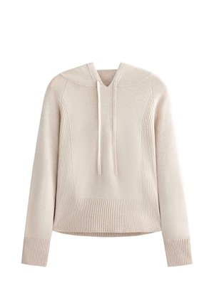 Béžový pletený sveter s kapucňou, dlhými rukávmi, rebrovanými manžetami, lemom a panelovými detailmi na bokoch a v strede prednej časti.