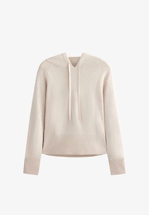 Béžový pletený sveter s kapucňou, dlhými rukávmi, rebrovanými manžetami, lemom a panelovými detailmi na bokoch a v strede prednej časti.