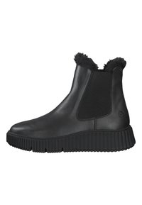 Bottes noires en cuir montantes avec une semelle texturée et nervurée, des panneaux latéraux élastiques et un col en fourrure douce. Surface lisse avec des accents minimaux.