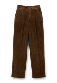 Brązowe spodnie sztruksowe o prostym kroju, z przednimi kieszeniami i zapięciem na guzik w talii. Teksturowany, prążkowany materiał.