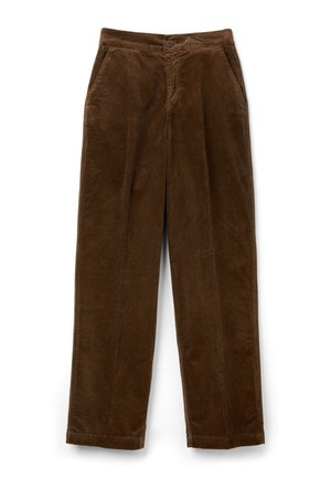 Pantaloni in corduroy marroni con design a gamba dritta, dotati di tasche frontali e chiusura con bottone in vita. Tessuto testurizzato e a coste.