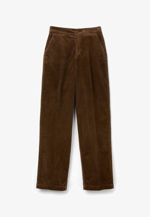 Brown corduroy trousers with a straight-leg design, featuring front pockets and a button closure at the waist. Textured, ribbed fabric.