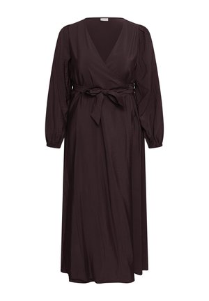 Vestido envolvente de manga larga en color púrpura oscuro, con escote en V, cinturón atado a la cintura y puños ligeramente fruncidos, que llega hasta los tobillos.