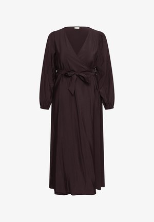 Temno vijolična obleka z dolgimi rokavi, zavita s prekrivanjem, z V-izrezom, pasom, ki se veže okoli pasu, in rahlo nabranimi manšetami, sezonska do gležnjev.