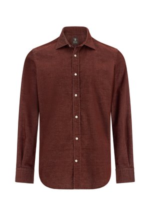 Bruine blouse met lange mouwen, gemaakt van een geweven stof, met een knoopsluiting aan de voorkant, een puntige kraag en een gebogen zoom. Duurzame witte knopen zichtbaar.