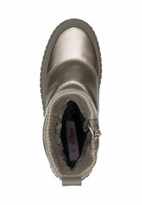 Botín metálico plateado con un interior forrado de pelo texturizado, cierre de cremallera lateral y suela de goma. Diseño ajustable para mayor comodidad.