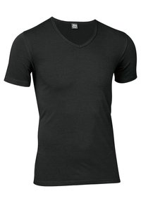 Black short-sleeve V-neck T-shirt made of soft material with a fitted design. Features a smooth texture and minimal stitching accents.
