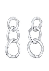 Hõbedased rõngaste tilga kõrvarõngad, mis sisaldavad kolme omavahel seotud ahelat, läikiva viimistluse ja kerge disainiga. Märgistatud 925 sterlinghõbeda jaoks.