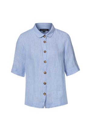 Lichtblauw-wit verticaal gestreept kortärmelig overhemd met kraag en zeven bruine knopen aan de voorkant.