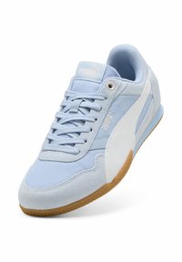 Sneaker azzurro chiaro con un mix di materiali scamosciati e in rete, caratterizzato da accenti bianchi, punta arrotondata, lacci piatti e una suola in gomma naturale.