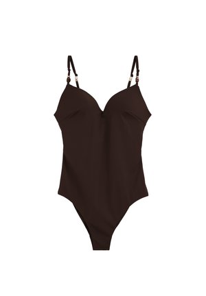 Mørkebrun badedragt i ét stykke med justerbare tynde skulderstropper og let kopformet pasform.
