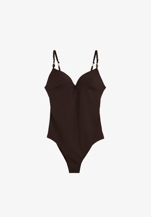 Donkerbruine eendelige zwempak met verstelbare dunne schouderbandjes en lichte cupvorm.