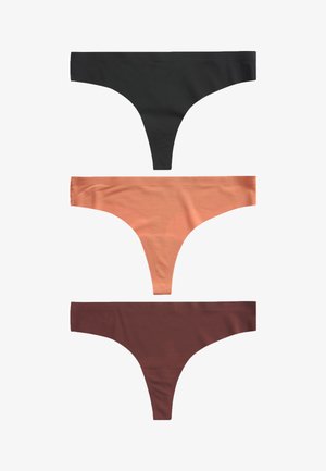Drei Paare Damen-Tangas: schwarz, pfirsich und dunkelbraun. Aus glattem Stoff mit minimalen Nähten und einem klassischen Schnittdesign gefertigt.