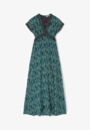 Maxi-jurk met korte mouwen, V-hals, elastische taille, teal en bordeauxrode basis, en wit abstract paisleypatroon.