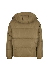 Oliven grønn puffjakke med hette, med quiltet design, elastiske mansjetter og rett kant. Myk, glatt tekstur.