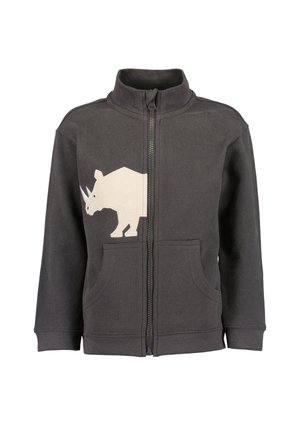 Dunkelgraue Jacke mit Reißverschluss, vorderen Taschen und einer weißen Nashorngrafik auf der linken Brustseite.
