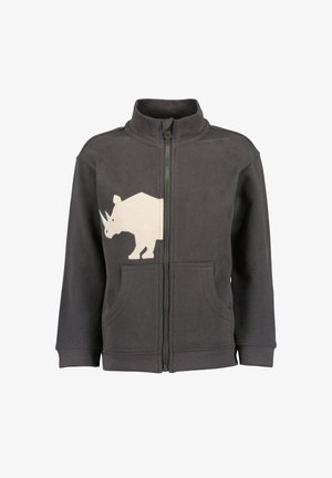 Giacca grigio scuro con zip, tasche frontali e una grafica bianca di un rinoceronte sul lato sinistro del petto.