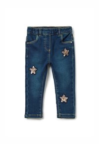 Jean bleu marine pour tout-petit avec trois écussons en sequins argentés en forme d'étoile, taille élastique et poches avant.