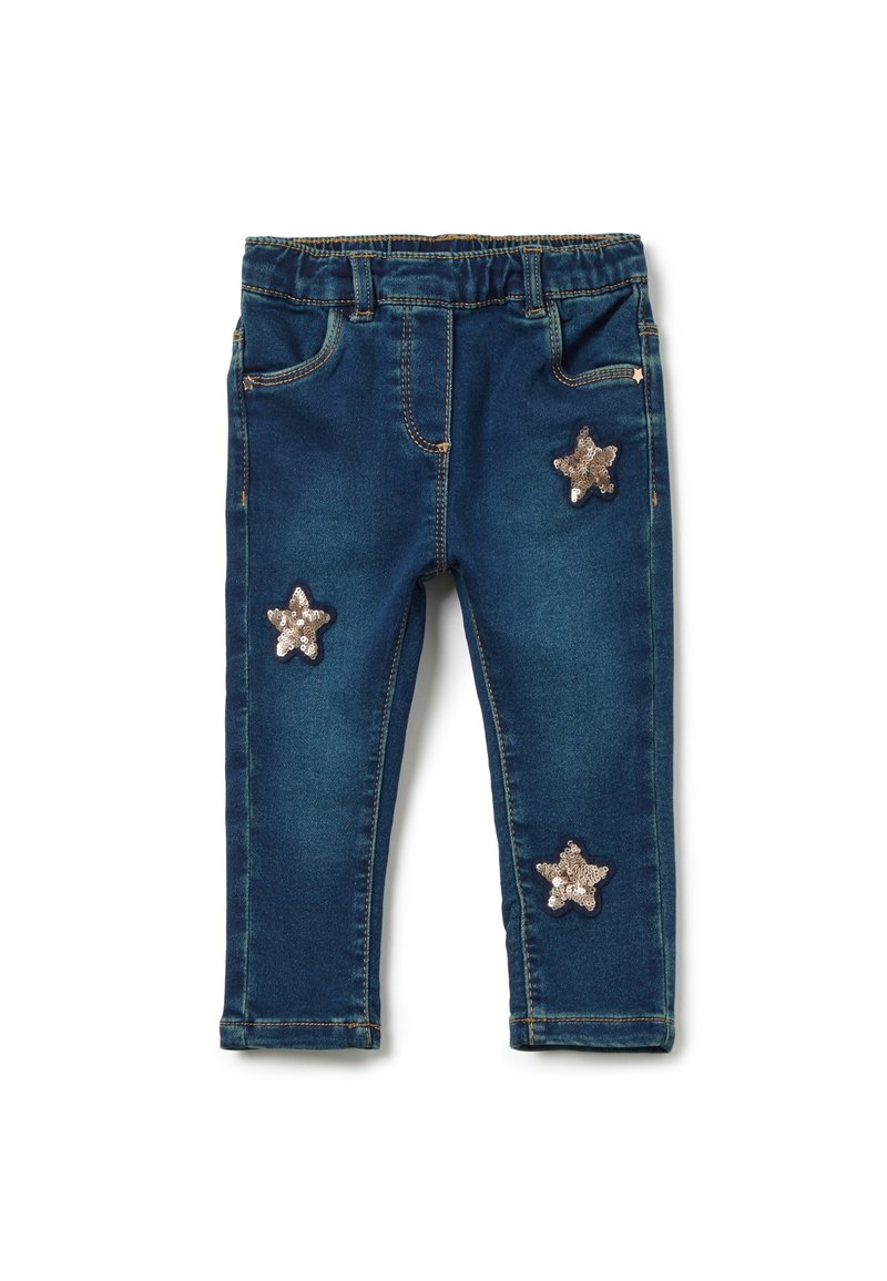 Jean bleu marine pour tout-petit avec trois écussons en sequins argentés en forme d'étoile, taille élastique et poches avant.